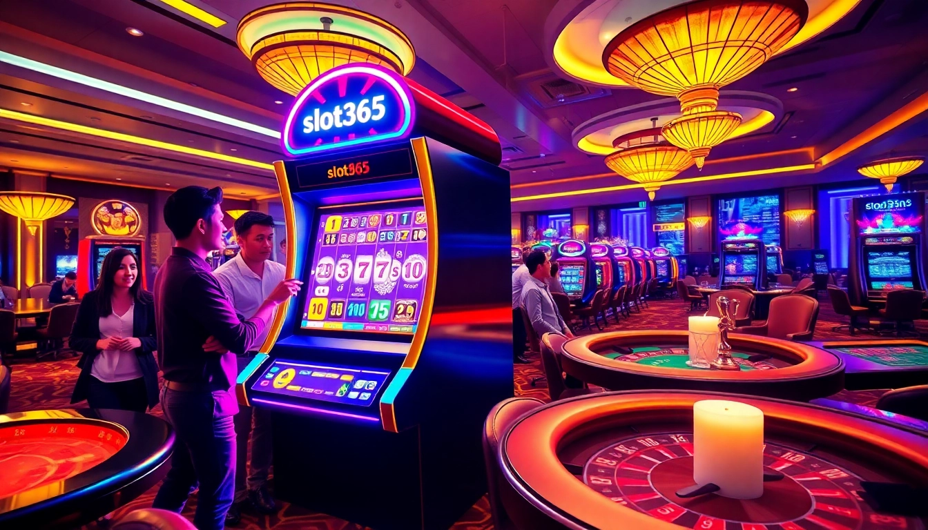 The thrill of winning on slot365 slot machine surrounded by excited casino players enjoying a vibrant gaming experience.