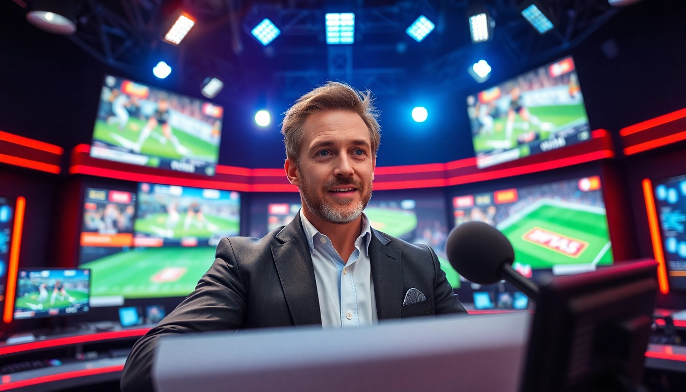 Engaging scene of Sports Broadcasting with a live commentator in a dynamic studio.