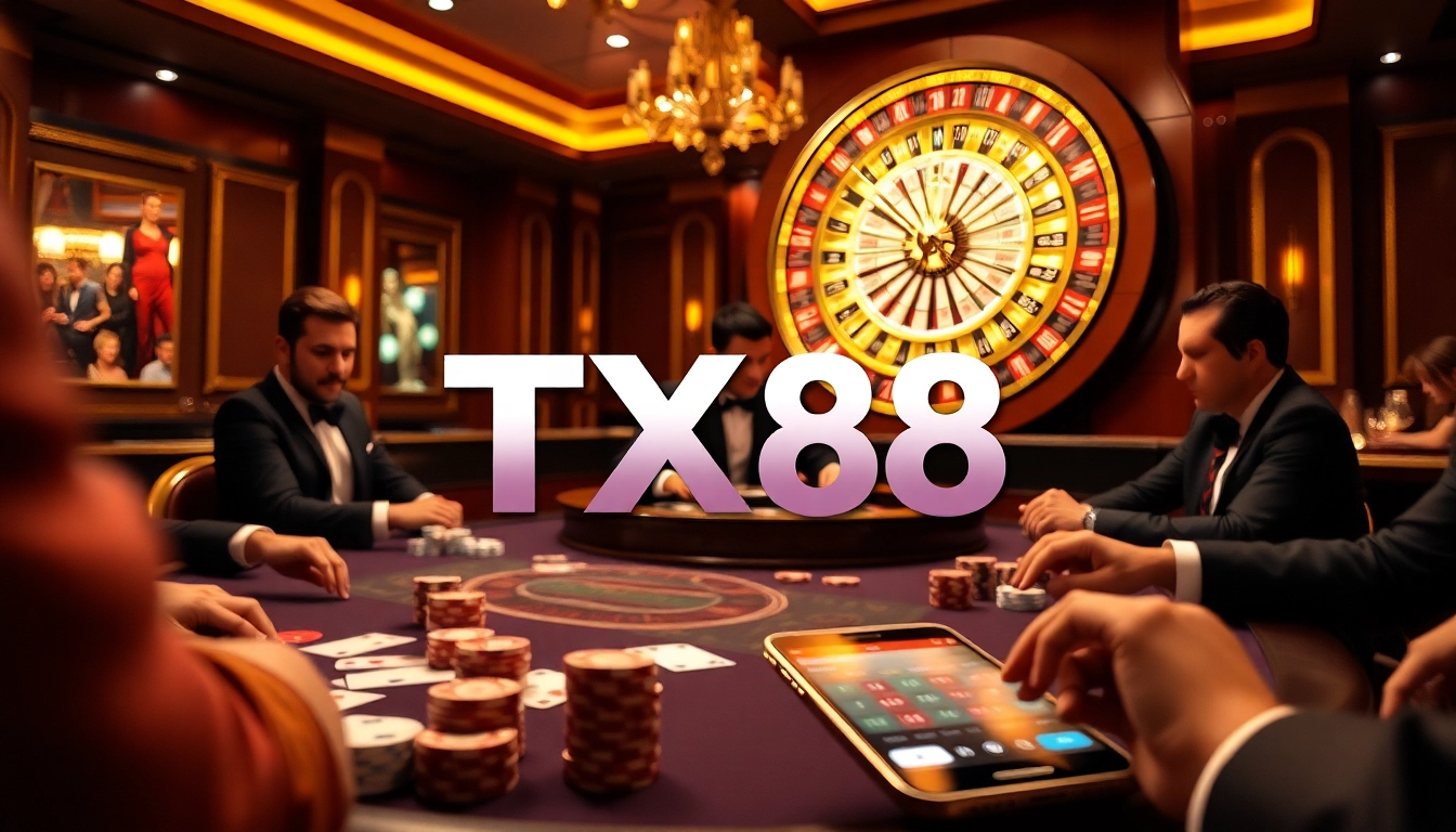 Players enjoying a thrilling poker game at TX88 casino table, with vibrant chips and cards.