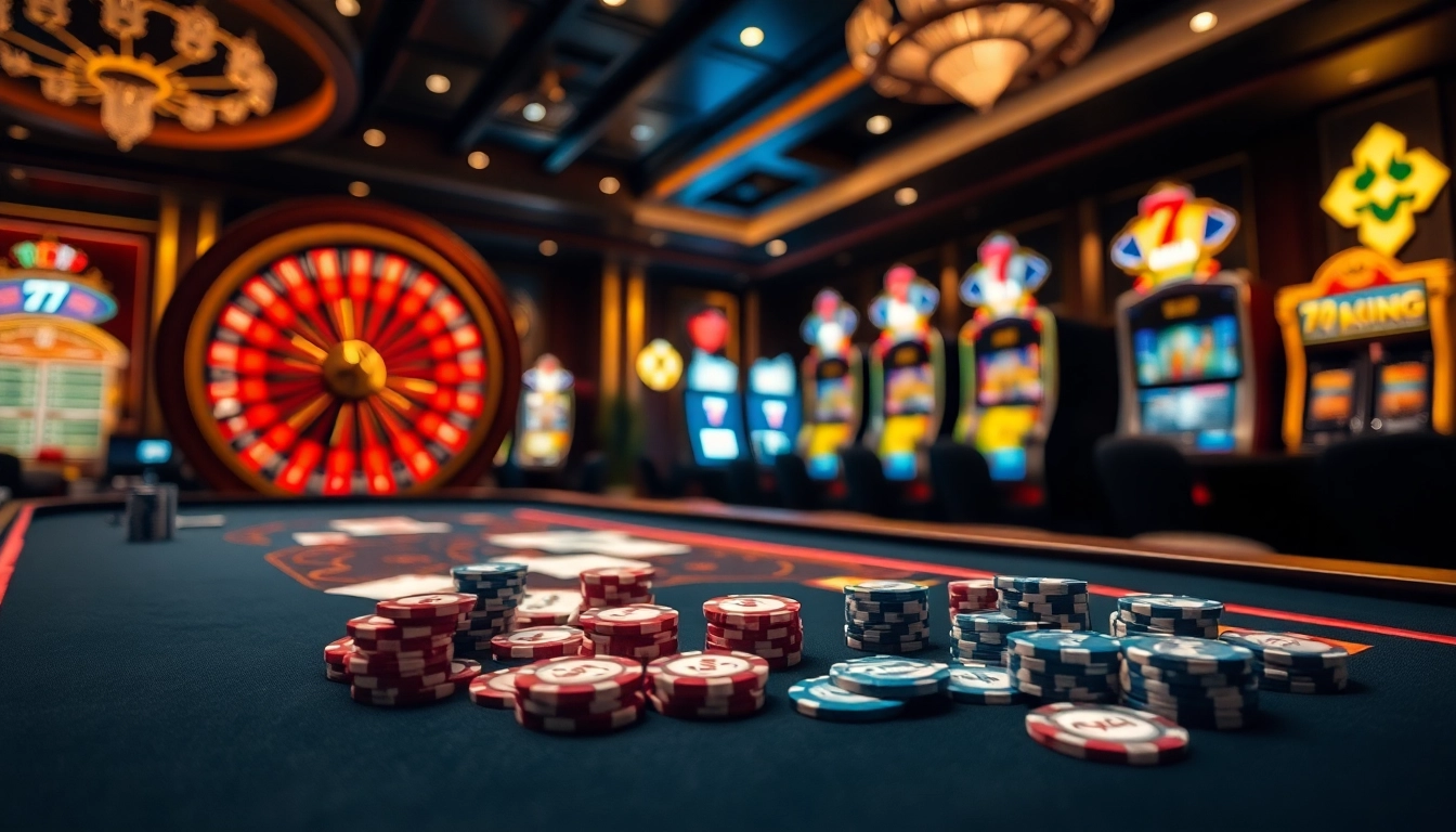 Exciting gambling scene at 79king casino with poker chips and roulette wheel.