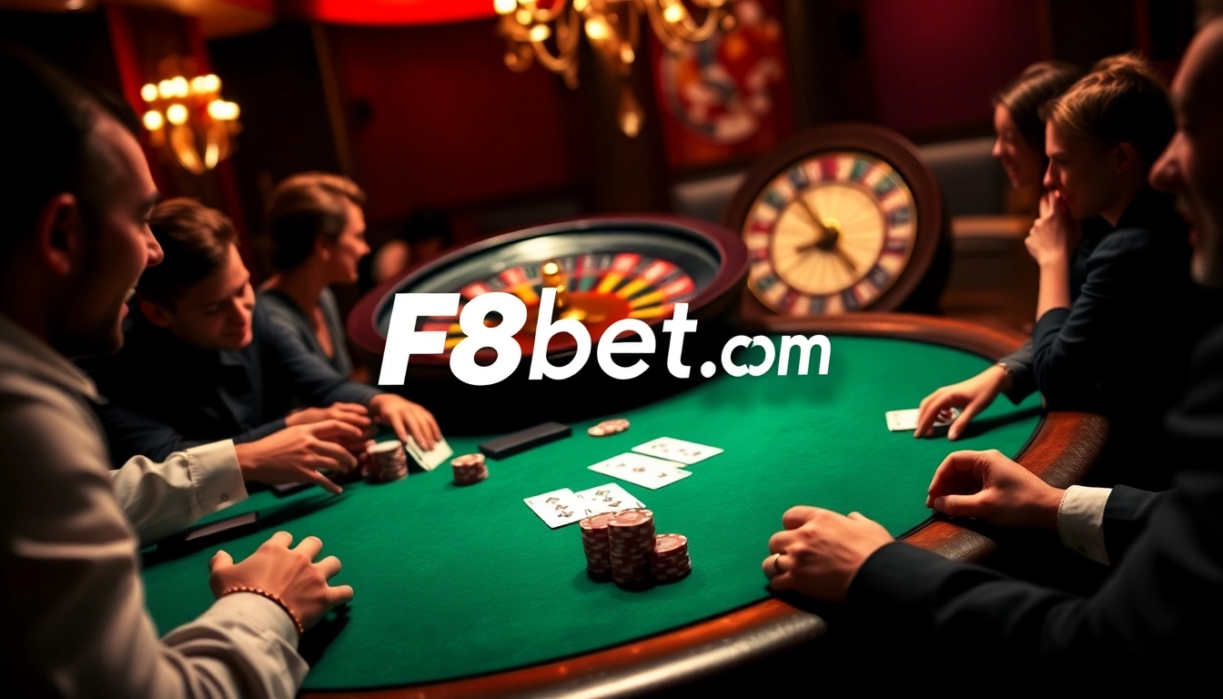 Engaging scene at F8bet.com with players enjoying poker and roulette in a luxurious casino setting.