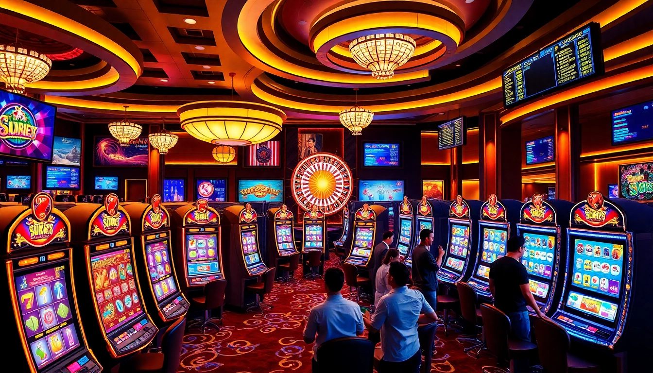 Players enjoying the excitement of slot365 at vibrant slot machines in a luxurious casino.