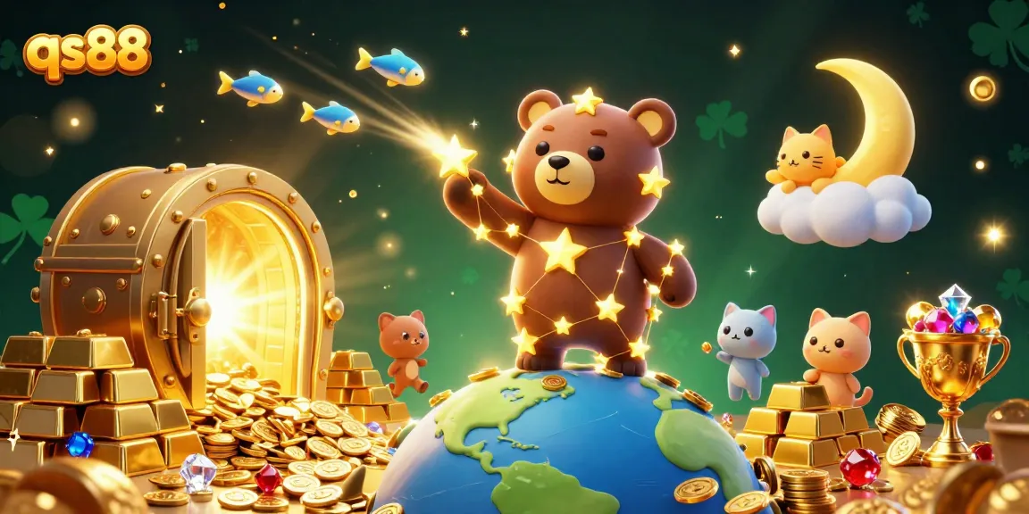 Experience the excitement of qs88's dynamic gaming world as the constellation bear scoops coins from Earth.