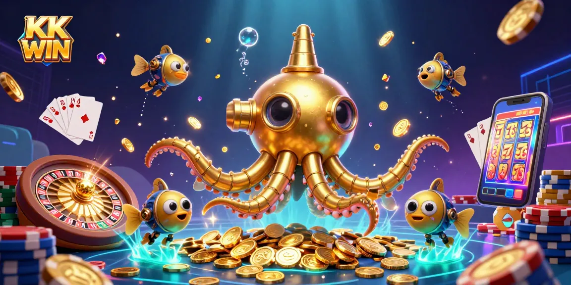 Experience KK WIN with a vibrant 3D scene of the kraken submarine amidst cascading treasure and casino games.