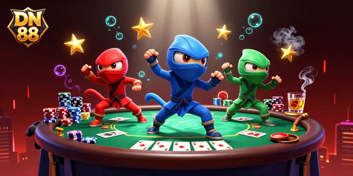 Experience thrilling poker excitement with DN 88, featuring blue, green, and red ninjas battling on a vibrant rooftop.