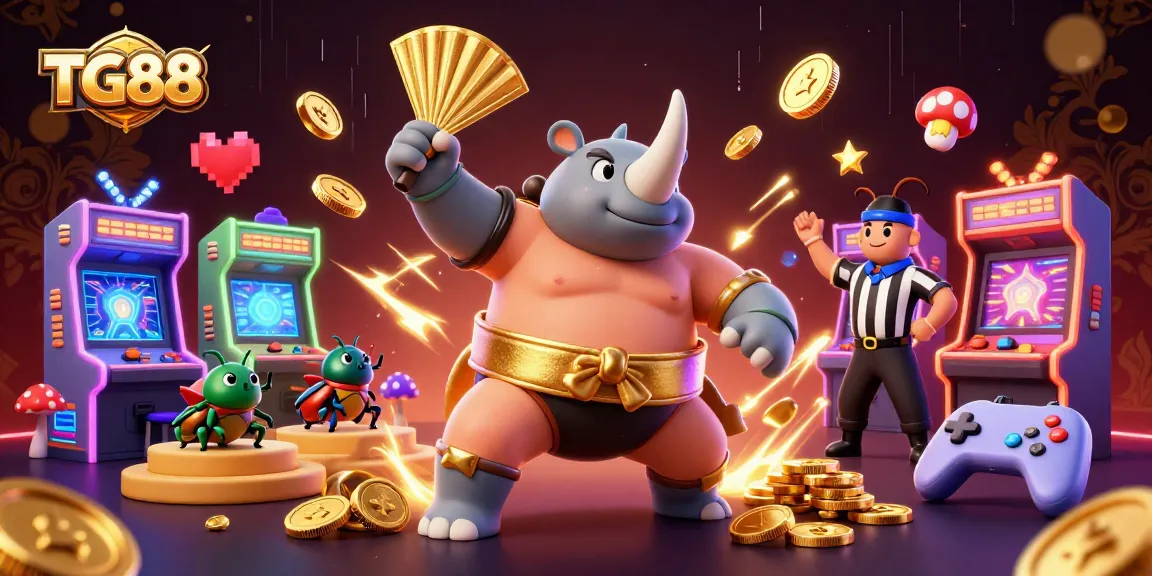 Experience exciting wins with TG88 featuring a dynamic scene of playful beetle characters and vibrant casino elements.