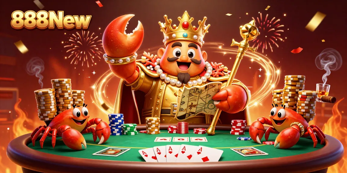 Engage in exciting gameplay at 888New with energetic crab emperor overseeing vibrant poker action.