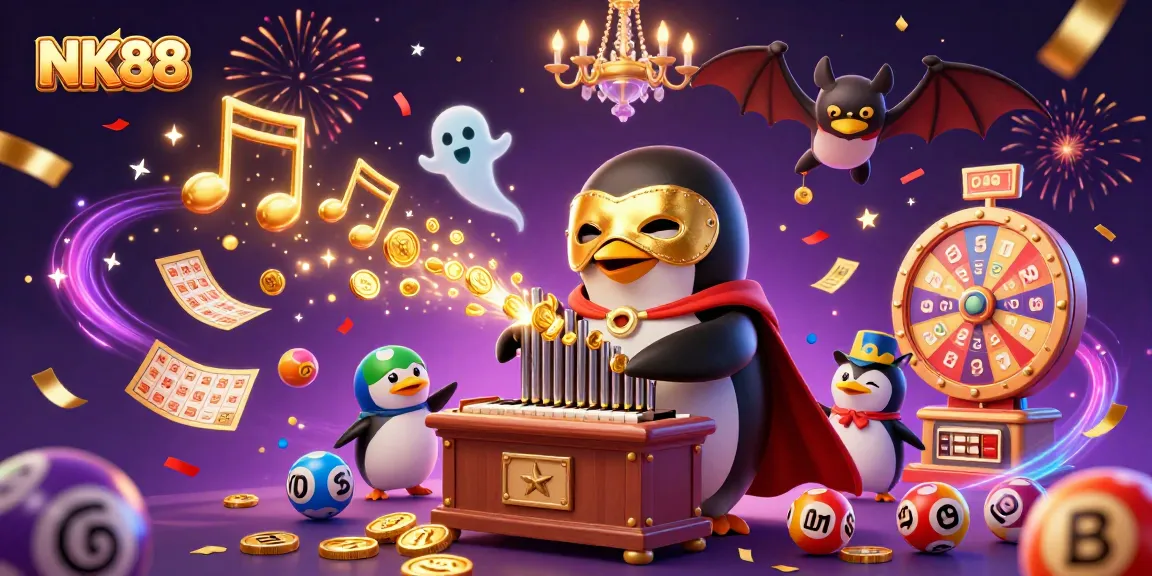 Experience the excitement of NK88 with a vibrant casino-themed 3D illustration showing a penguin playing a pipe organ