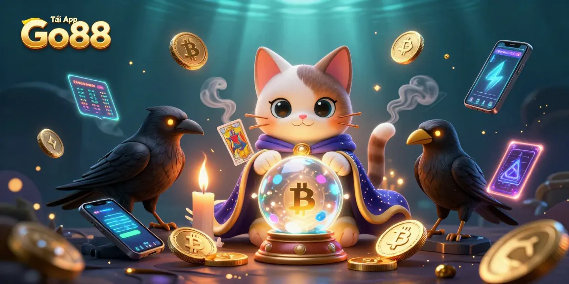 Tải App Go88 for seamless gameplay, featuring a cat fortune teller and raven in a vibrant casino scene.