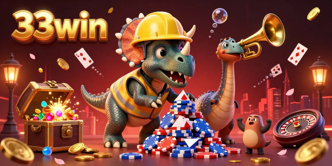 Engage with an exciting scene featuring the animated characters of 33win as they celebrate winning with casino elements.