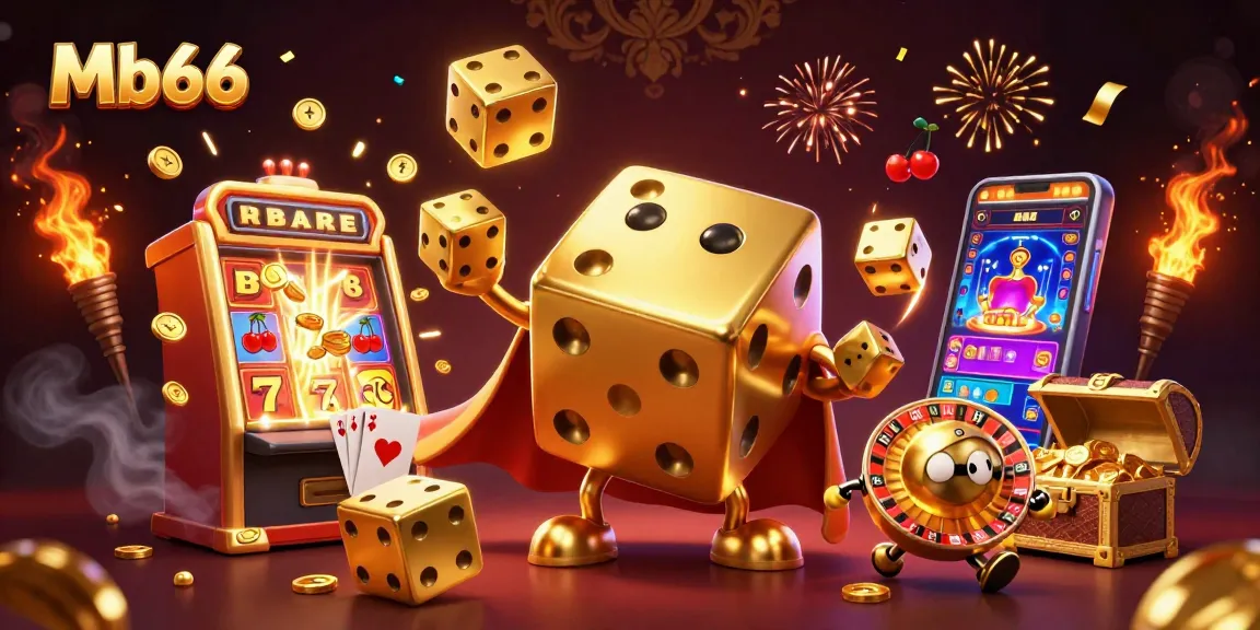 Experience the thrill of Mb66 as golden dice and a spinning roulette ball create a vibrant casino atmosphere.