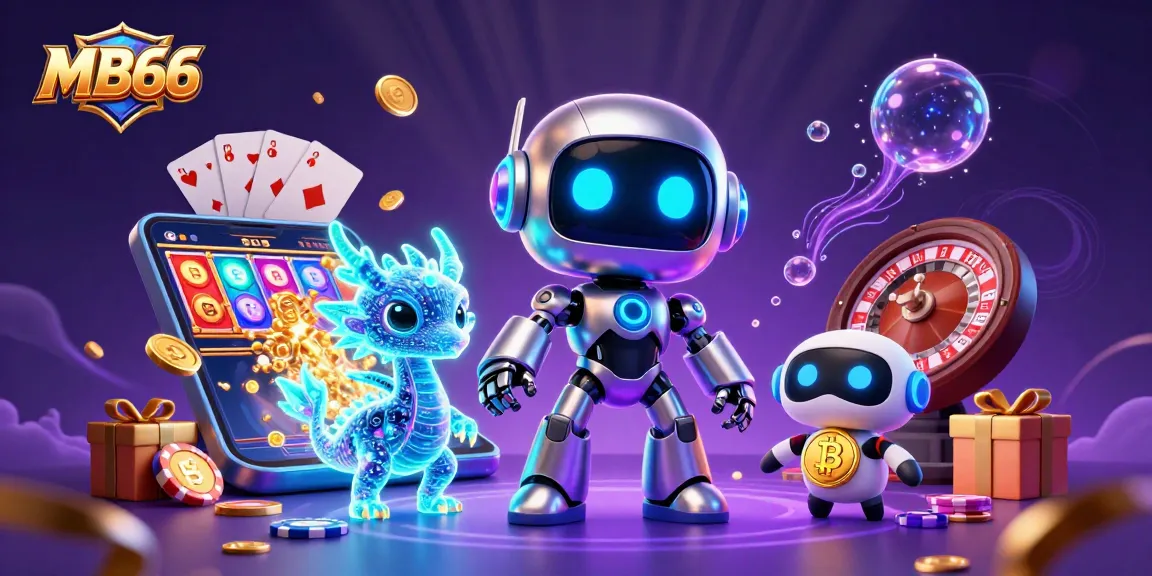 Play and win with MB66's vibrant gaming scene featuring exciting slot games and a robotic mascot.
