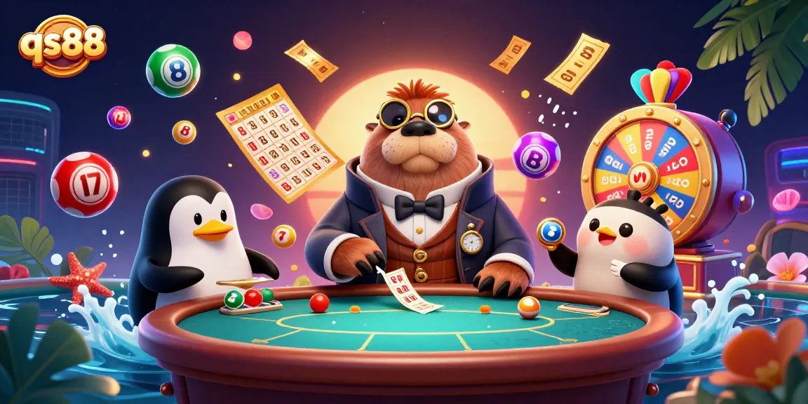 Engage in thrilling gaming at qs88 with underwater poker featuring a walrus, penguin dealer, and pufferfish player.