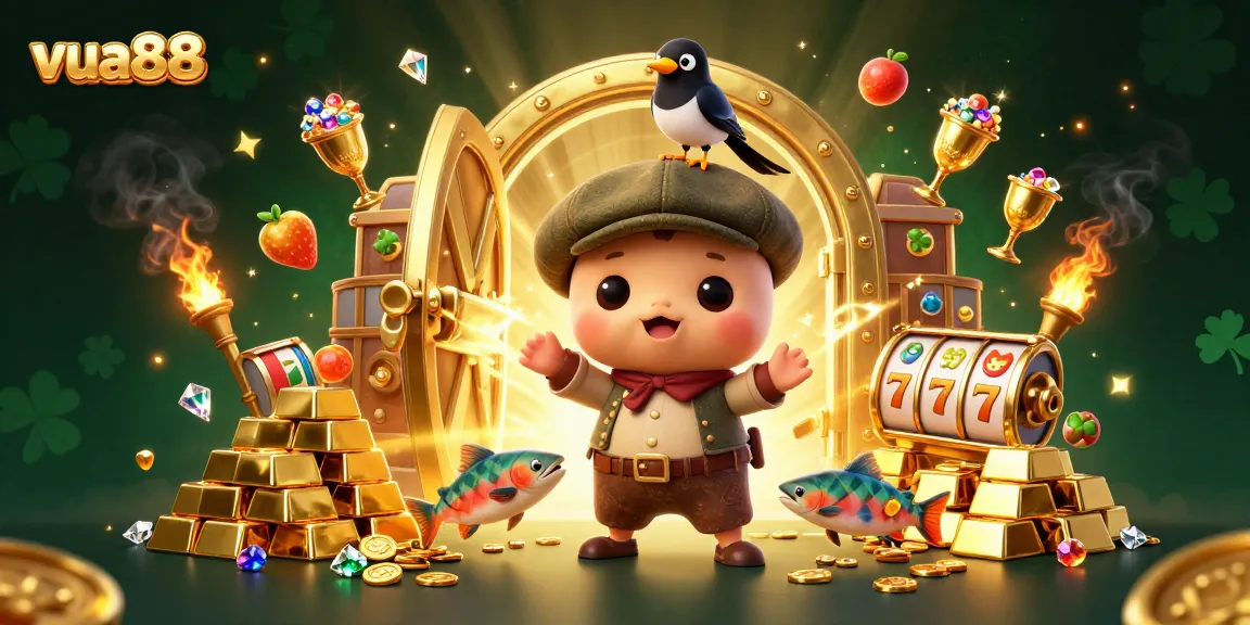 Experience exhilarating slots with vua88 featuring cartoon baby Nessie, gold treasures, and dynamic gaming elements.