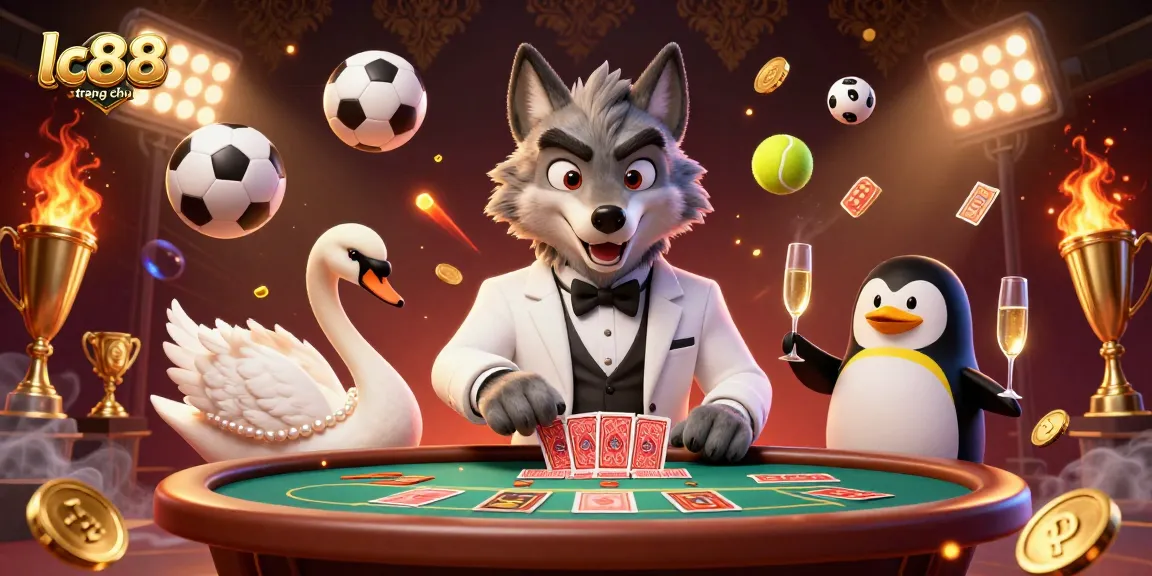 Experience the thrill at lc88 trang chu with a vibrant casino scene featuring a baccarat table and luxurious characters.