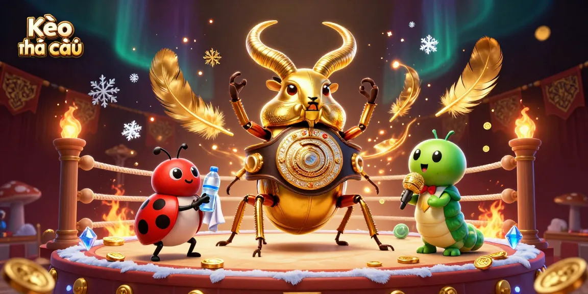 Kèo nhà cái presents an energetic scene with a golden beetle boxing champion and lively betting elements.