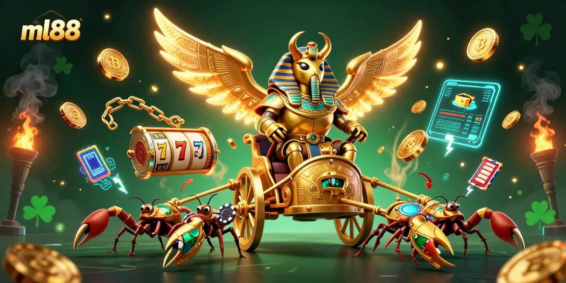 Join the exciting action at ml88 with a golden scarab beetle, scorpions, and poker chip soldiers in a vibrant casino scene