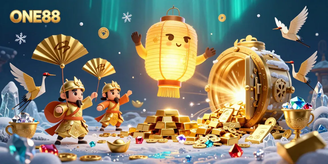 Experience the magic of ONE88 with a vibrant scene of a golden lantern spirit and treasures in a casino.