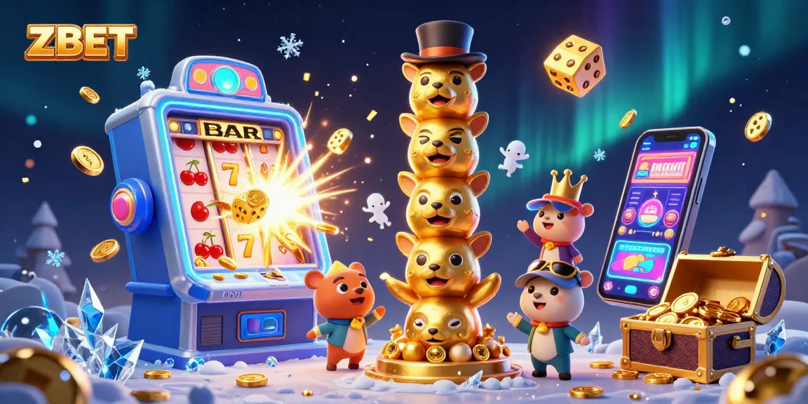 ZBET pulls in players with a vibrant casino scene featuring a golden totem, slot machine, and dazzling effects.