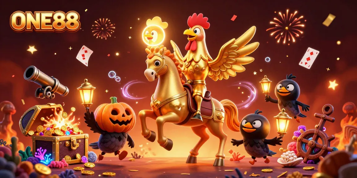 Engage in thrilling activities with ONE88’s vibrant casino scene featuring a golden rooster and treasure elements.