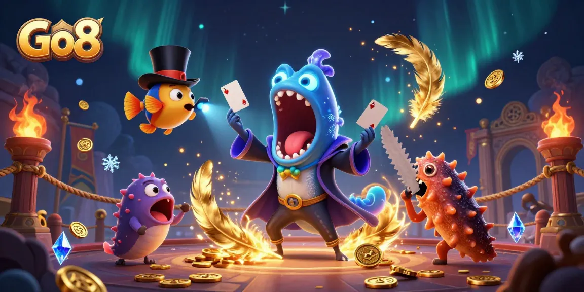 Experience thrilling card tricks by the Go8 bioluminescent eel in an enchanting underwater scene.