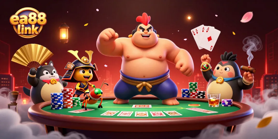 Engage with the dynamic scene showcasing characters celebrating at the ea88 link casino with poker chips and cards.