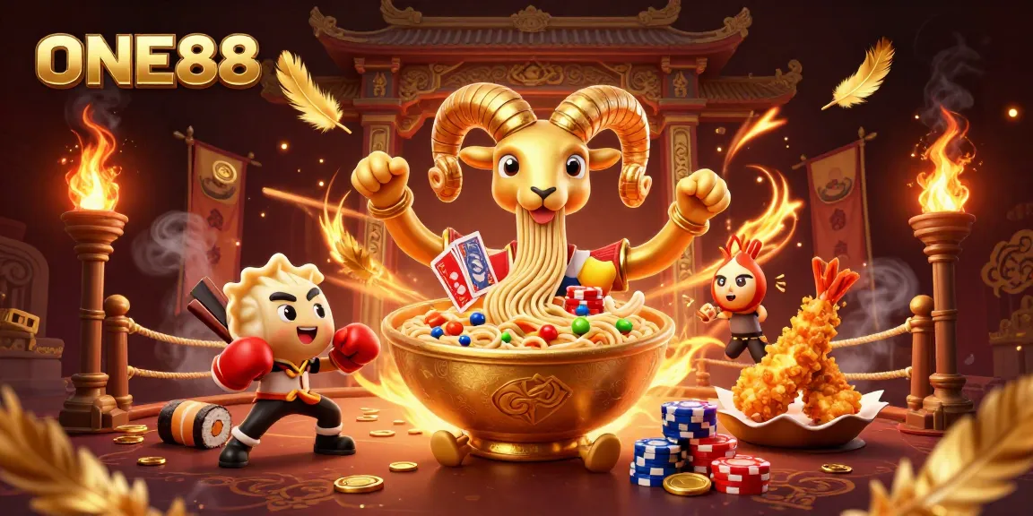 ONE88 showcases a giant golden ramen bowl dealing cards and chips in an energetic casino scene.