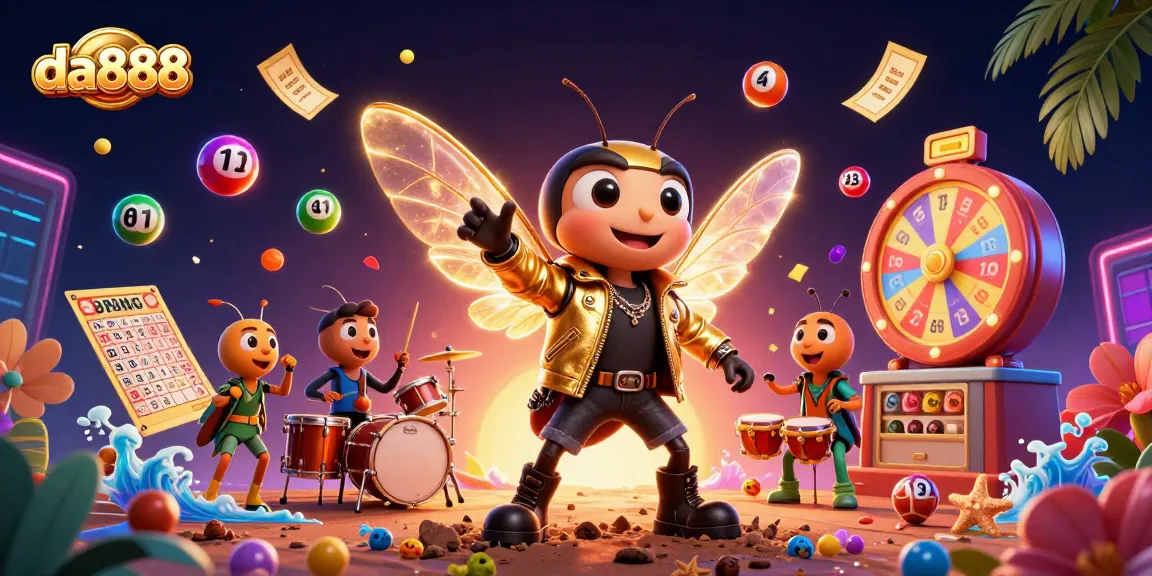da888 energizes with a cartoon cicada rock star performing amidst vibrant lottery elements.