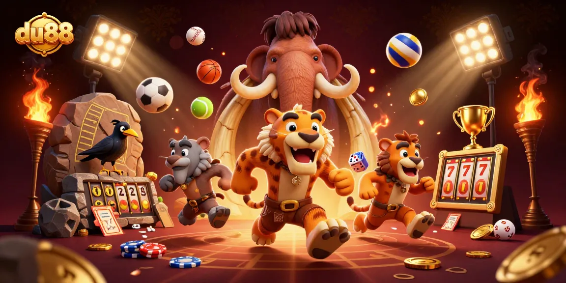 Bet on du88 with a lively prehistoric casino scene featuring a unique caveman and sabertooth duo.