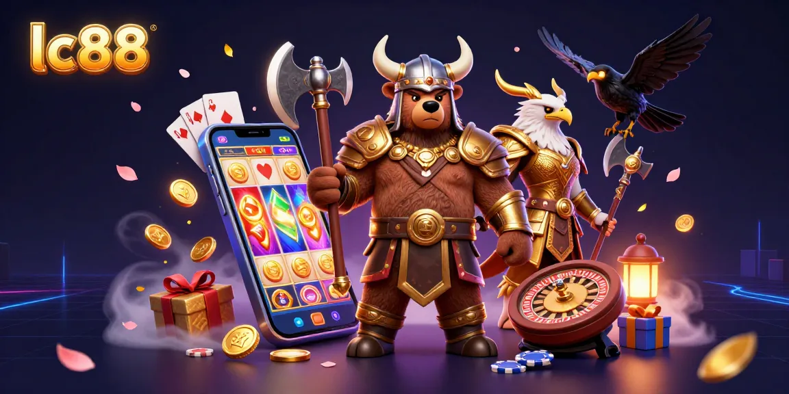 Engage with lc88's vibrant casino scene featuring a Viking bear and Valkyrie amidst dynamic games.