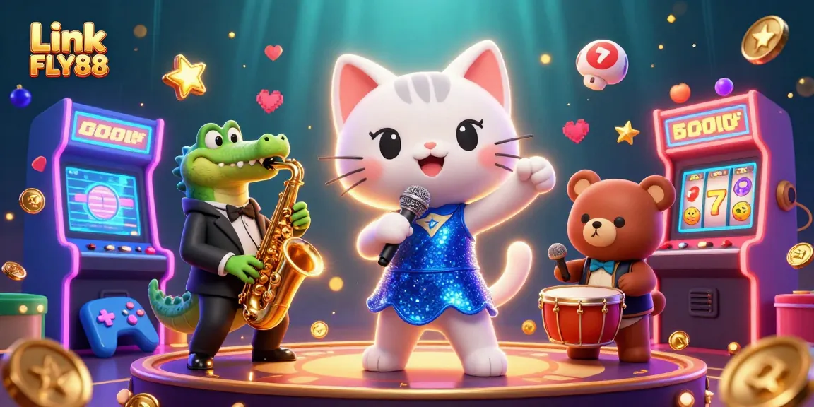 Experience fun with Link FLY88 in this vibrant casino-themed illustration filled with excitement.